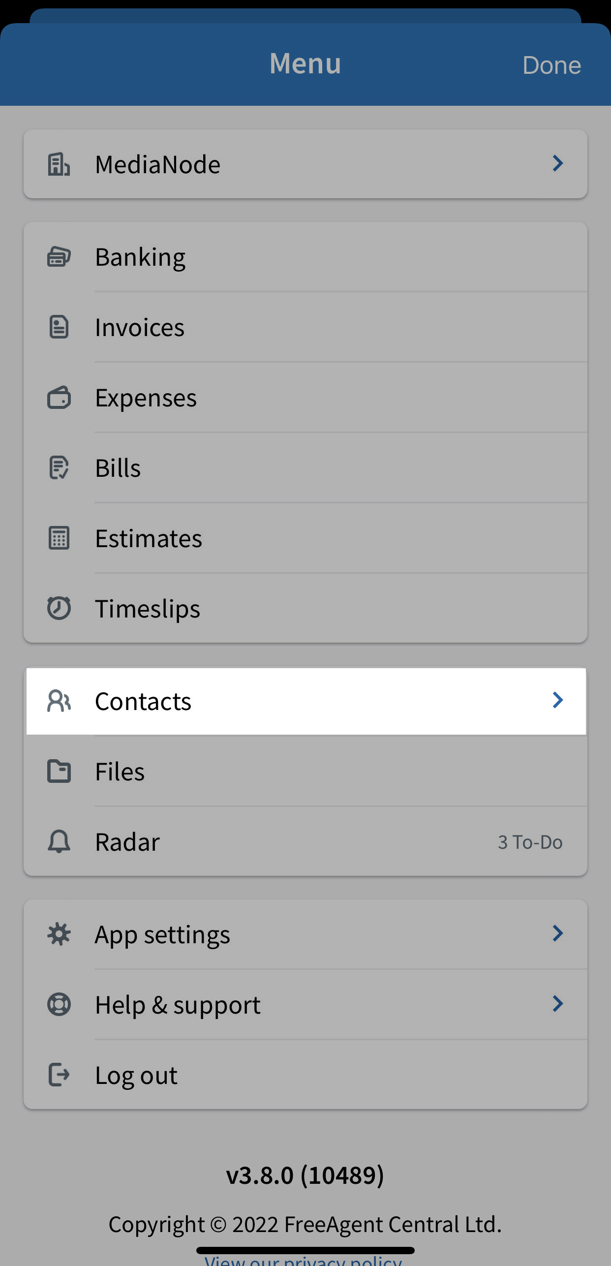 FreeAgent mobile app hamburger menu with Contacts highlighted.JPG