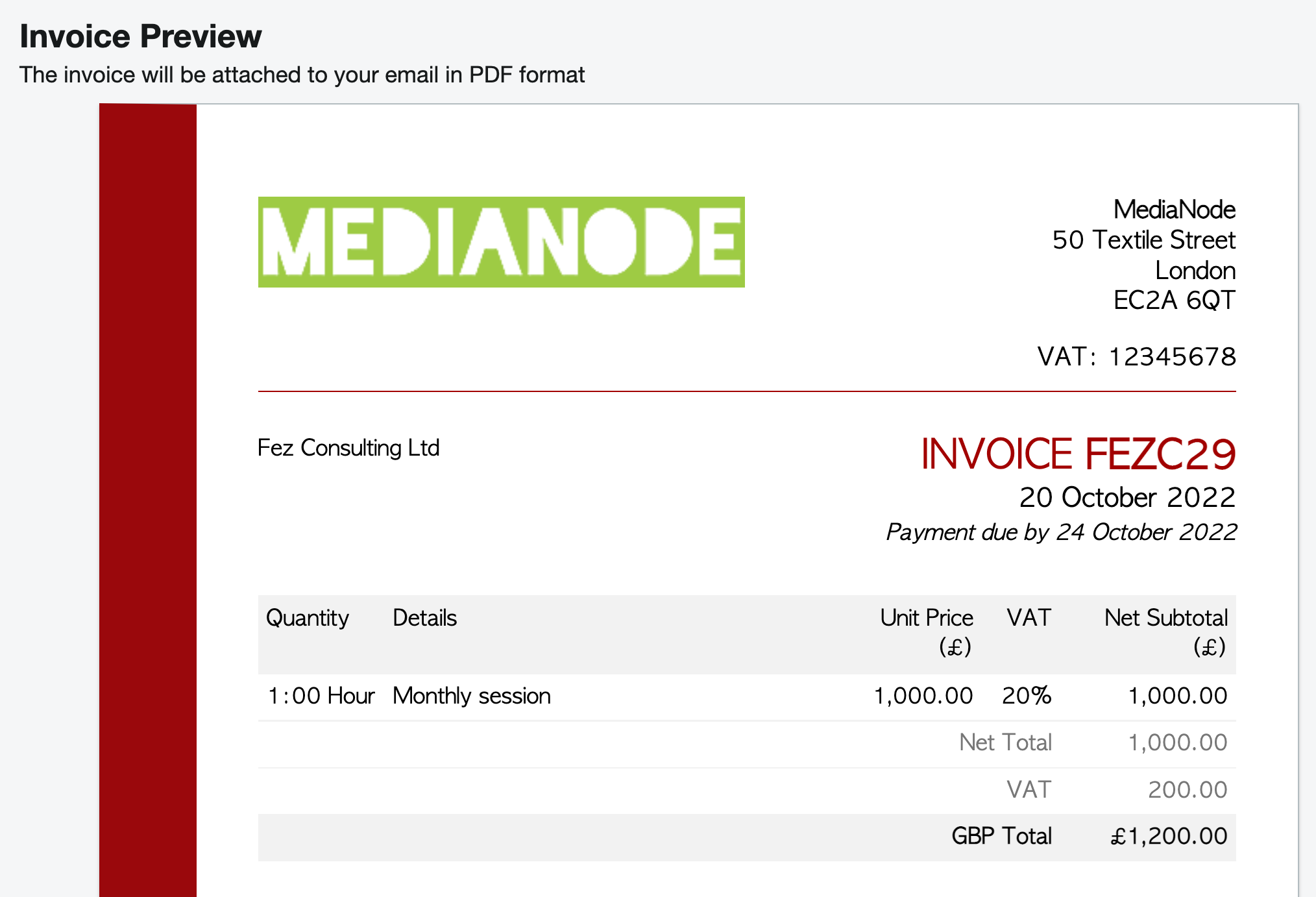 Screenshot of the invoice preview