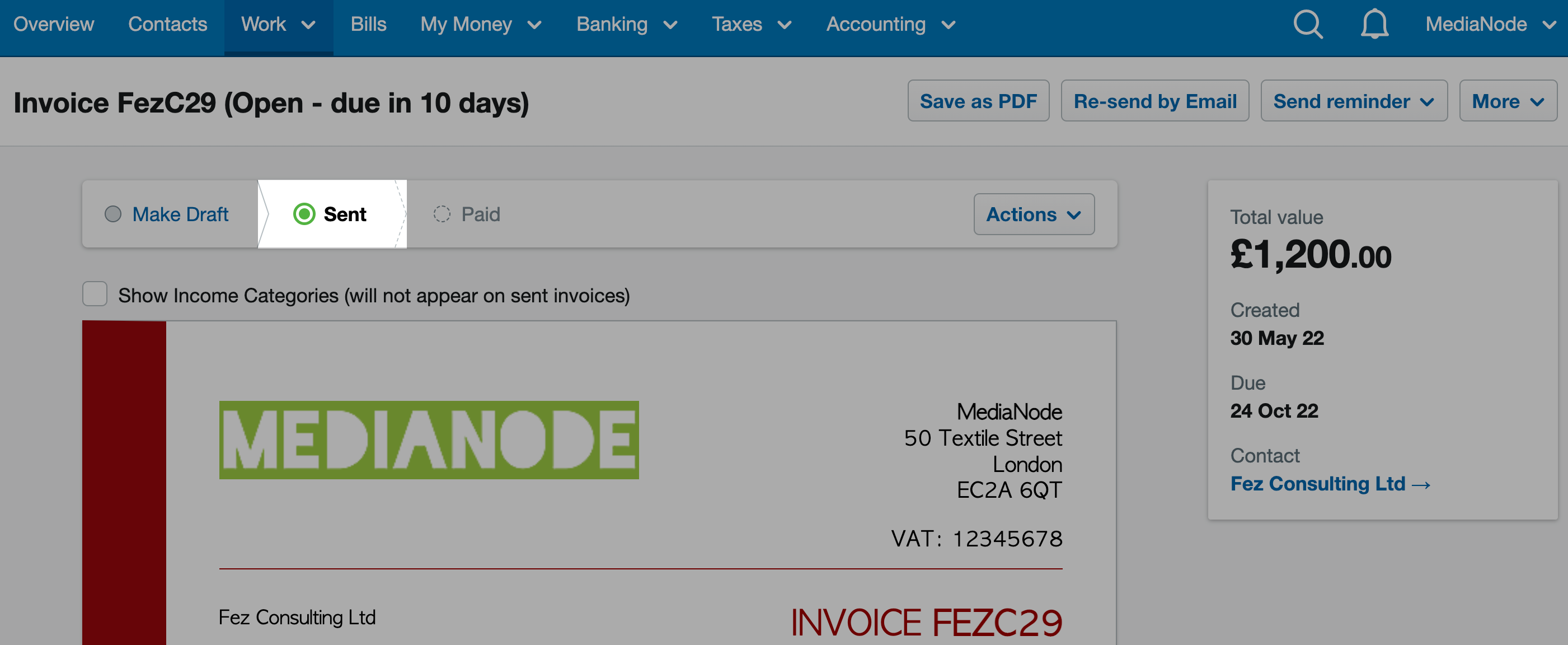 Screenshot of the invoice with the 'Send' status highlighted