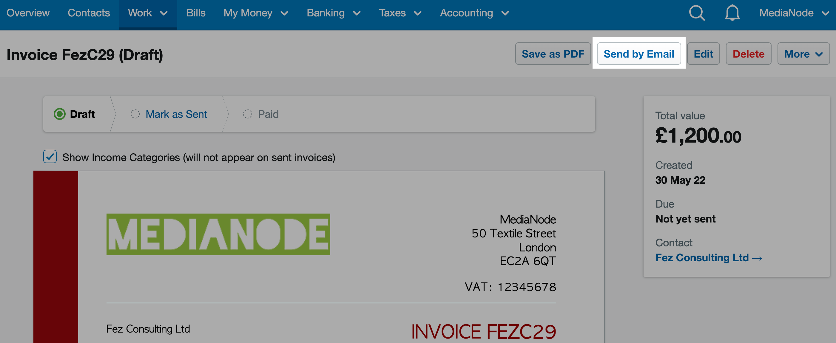 Screenshot of an invoice with 'Send by Email' highlighted