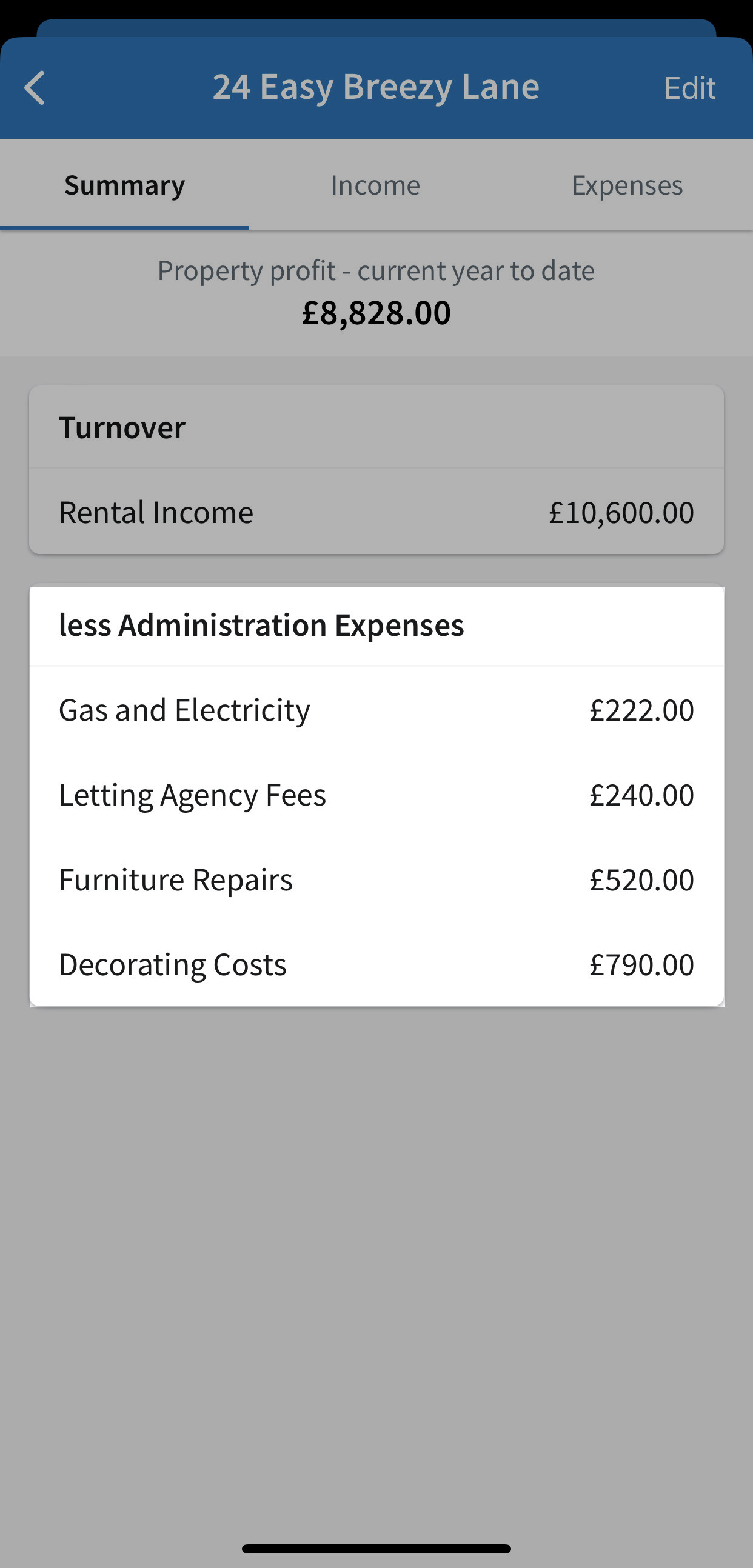 Total costs for the property highlighted