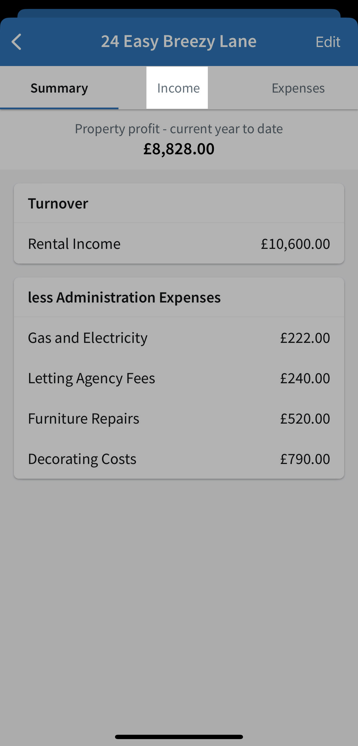 Income tab highlighted for the property