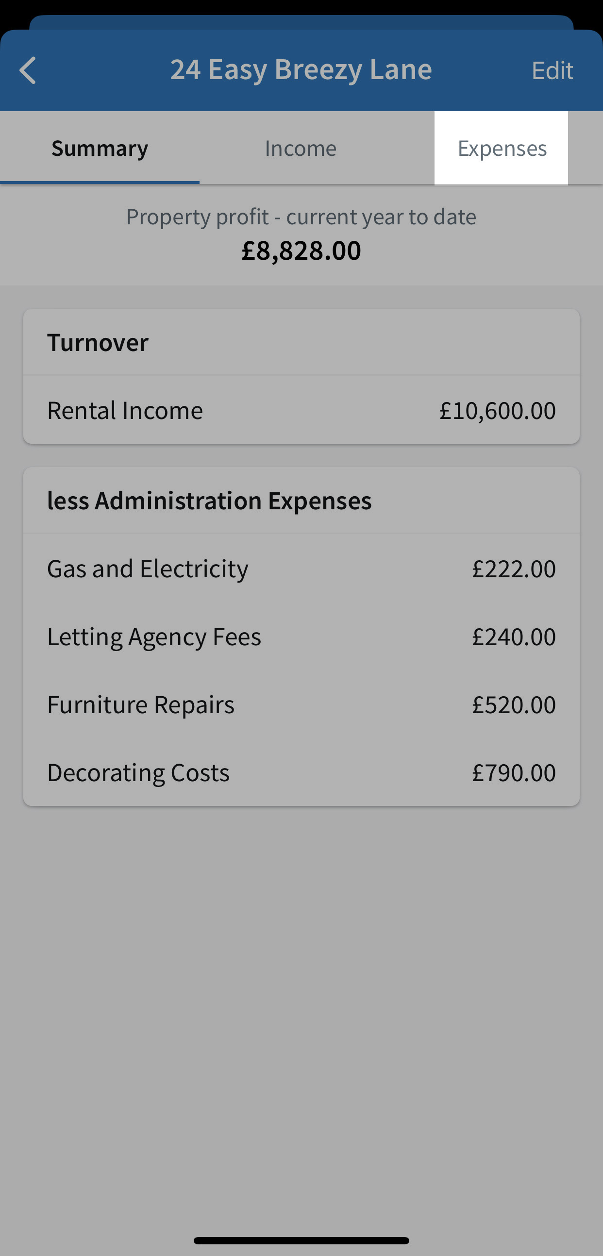Expenses tab highlighted for the property