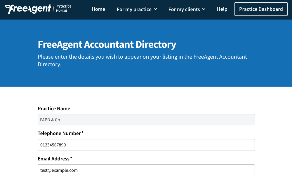 FreeAgent accountant directory update form