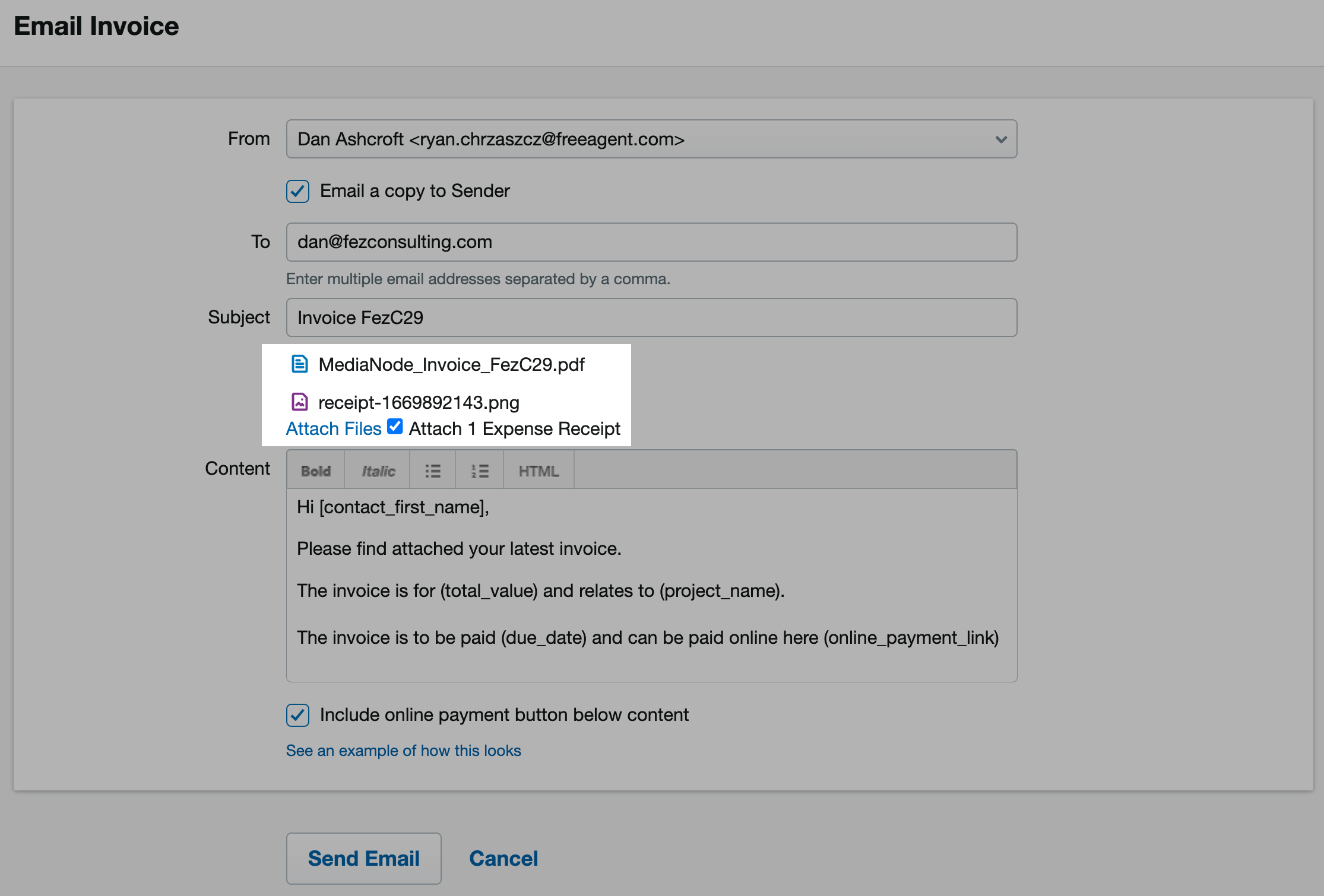 Screenshot of the Email Invoice screen with the 'Attach Files' section highlighted