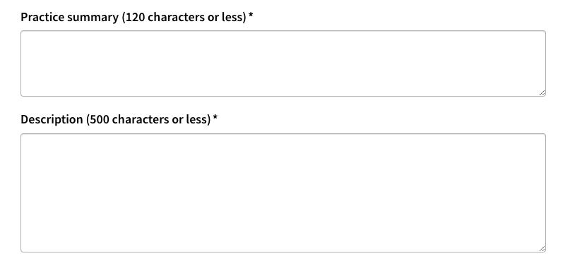 practice summary and description fields