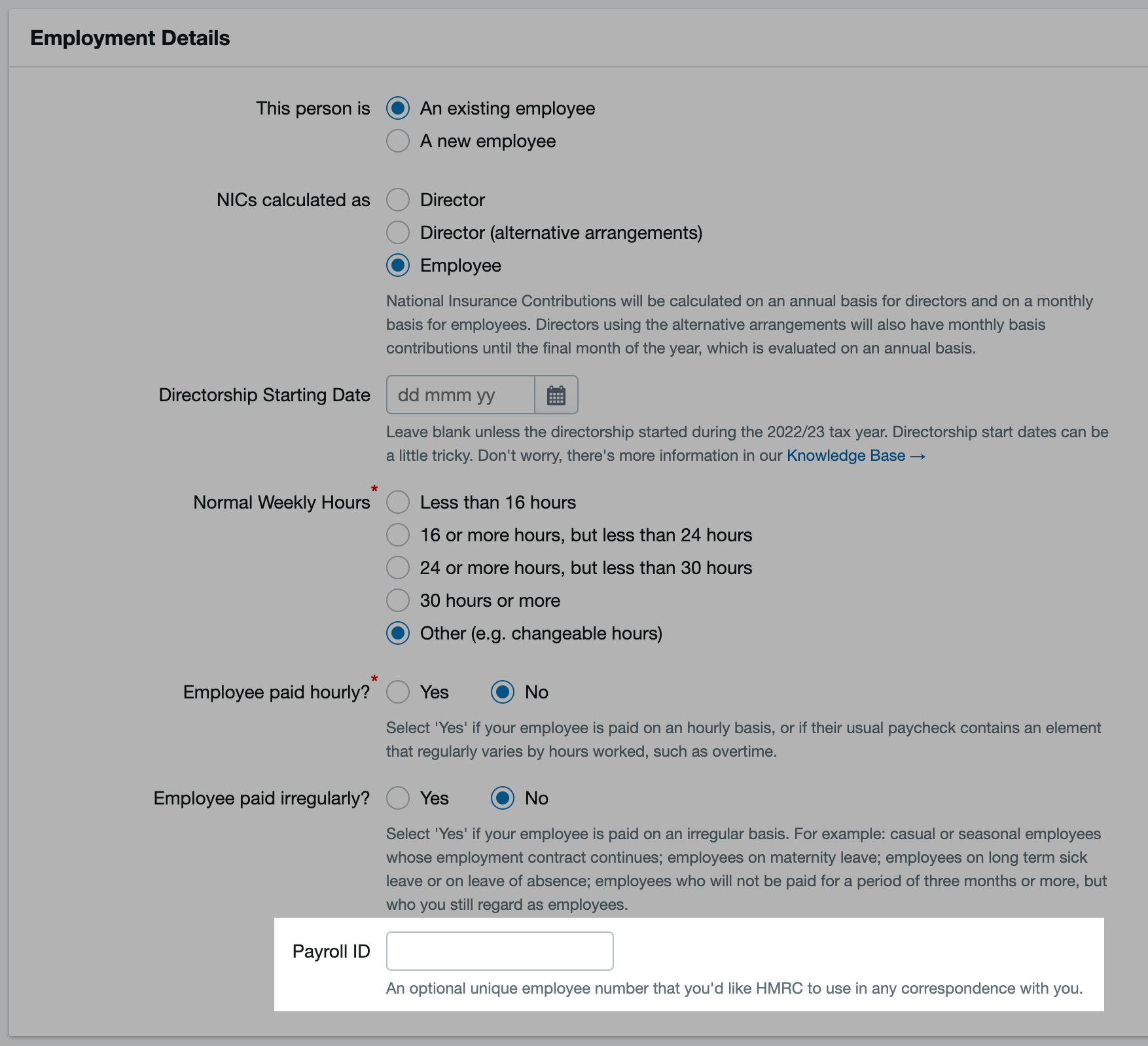 Payroll ID box highlighted on Employment details page