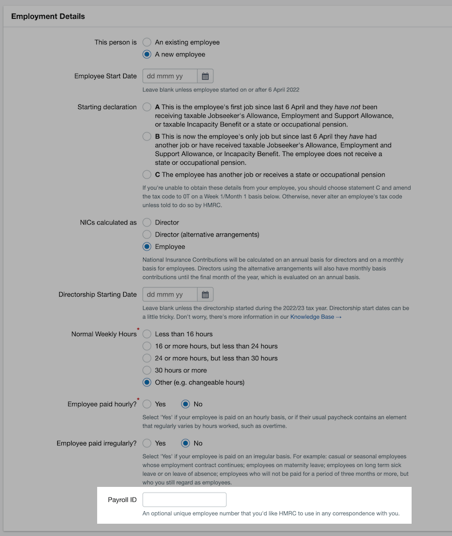 Payroll ID box highlighted on Employment details page